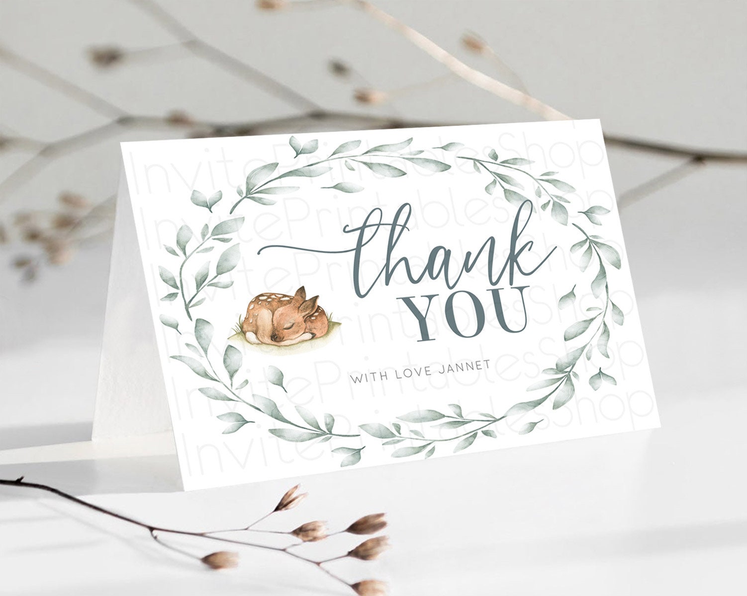 Editable Fawn Thank You Deer Thank You Card Pastel Floral Deer Birthday Than
