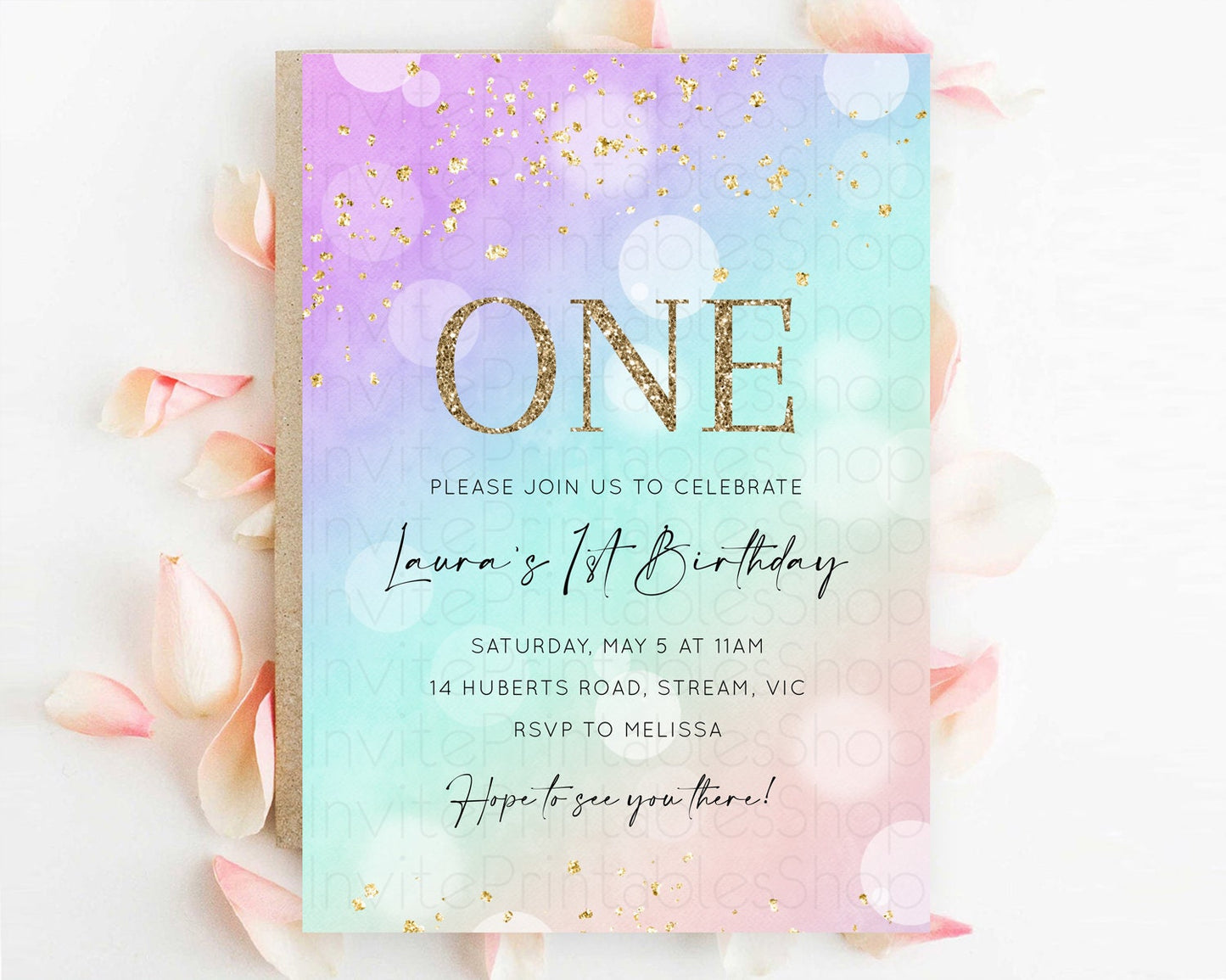 Rainbow Birthday Invitation Colorful Pastel Watercolor Invitation Gold Glitter Sprinkles Ombre Pastel 1st 2nd 3rd Birthday D10618