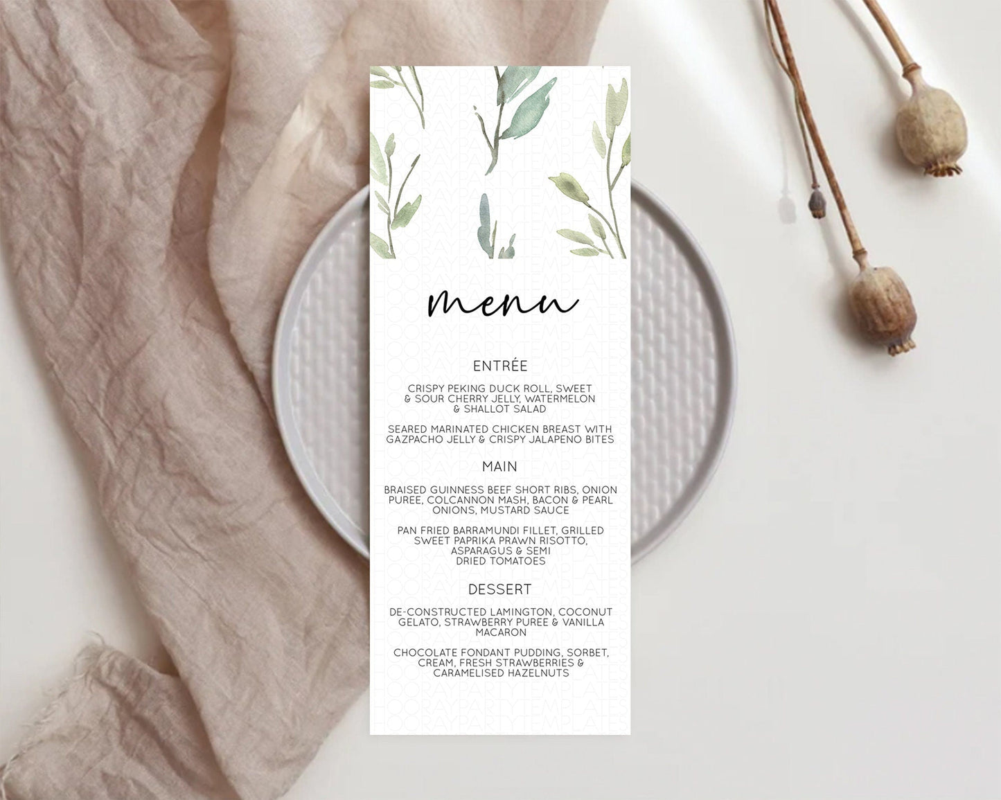 Leafy Menu Green Leaf Menu Template Eucalyptus Fern Leaves Decor Watercolor Boho Garden Leaf Branch Dinner Dessert Party Food Menu D11058
