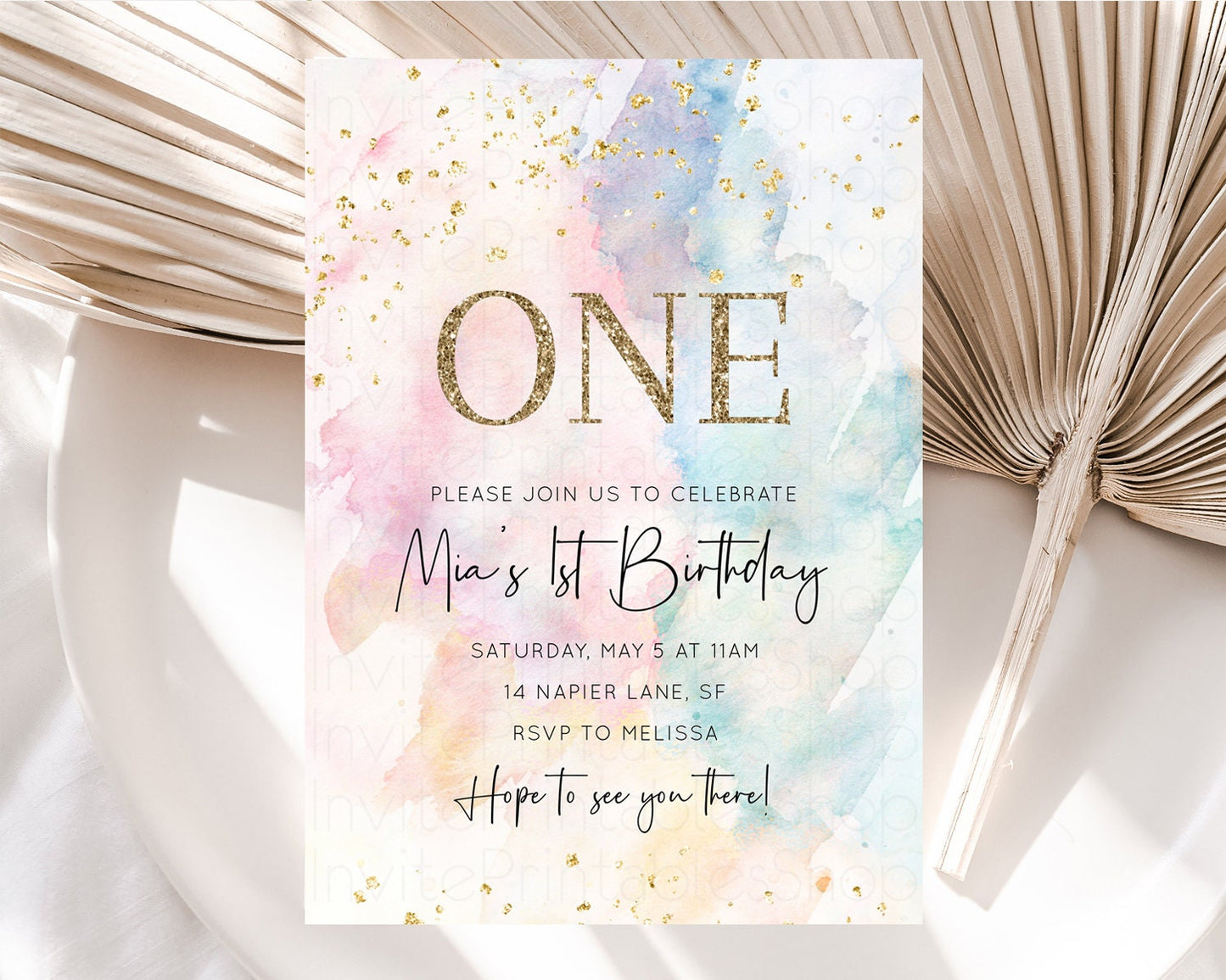 Rainbow Birthday Invitation Pastel Birthday Invitation Ombre Rainbow Invite Colorful Watercolor Invite Glitter Sprinkle 1st 2nd 3rd 276v2