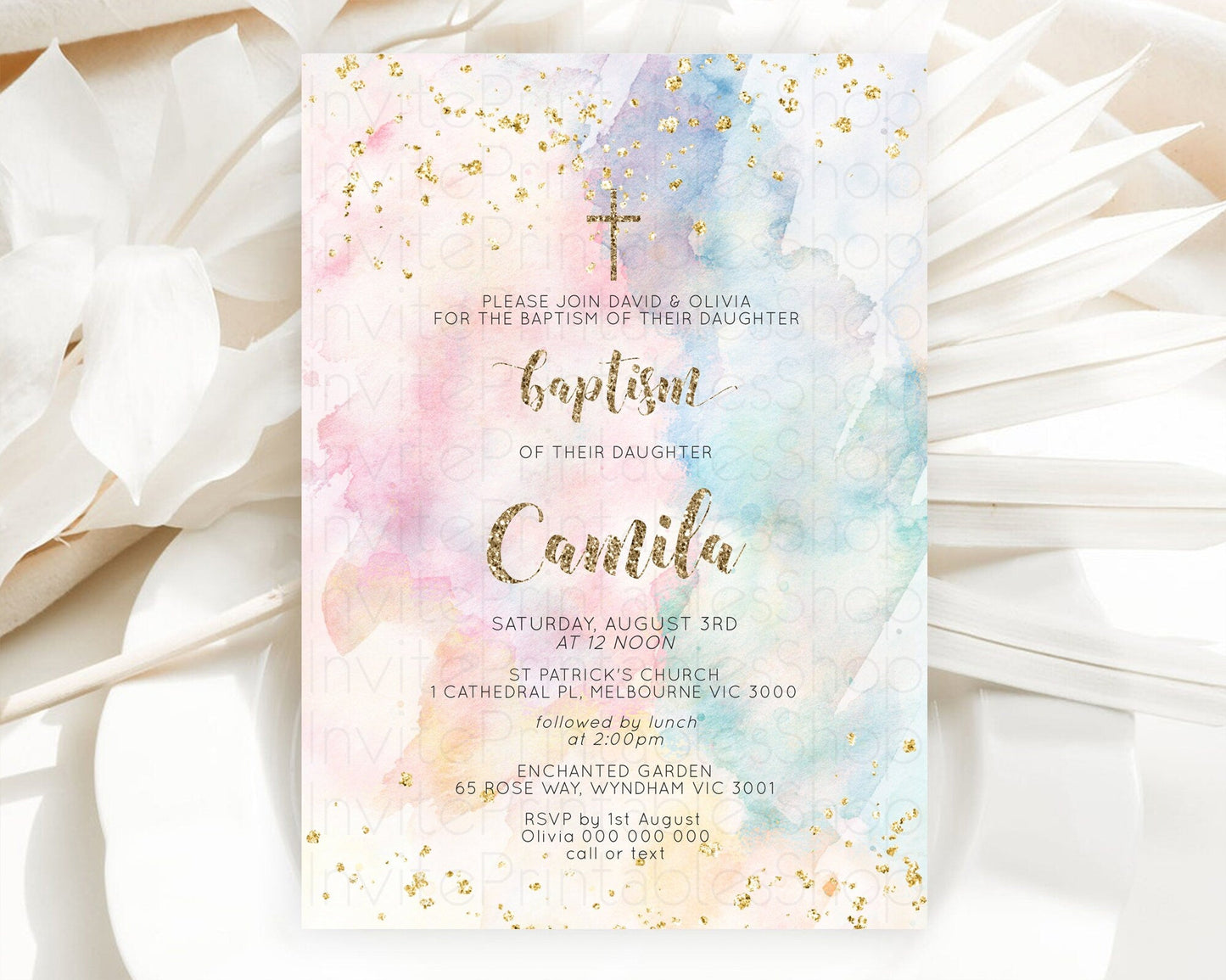 Pastel Baptism Invitation Pastel Colors Watercolor Baptism 1st Birthday Party Gold Ombre Pastel Rainbow Christening Holy Communion D10264