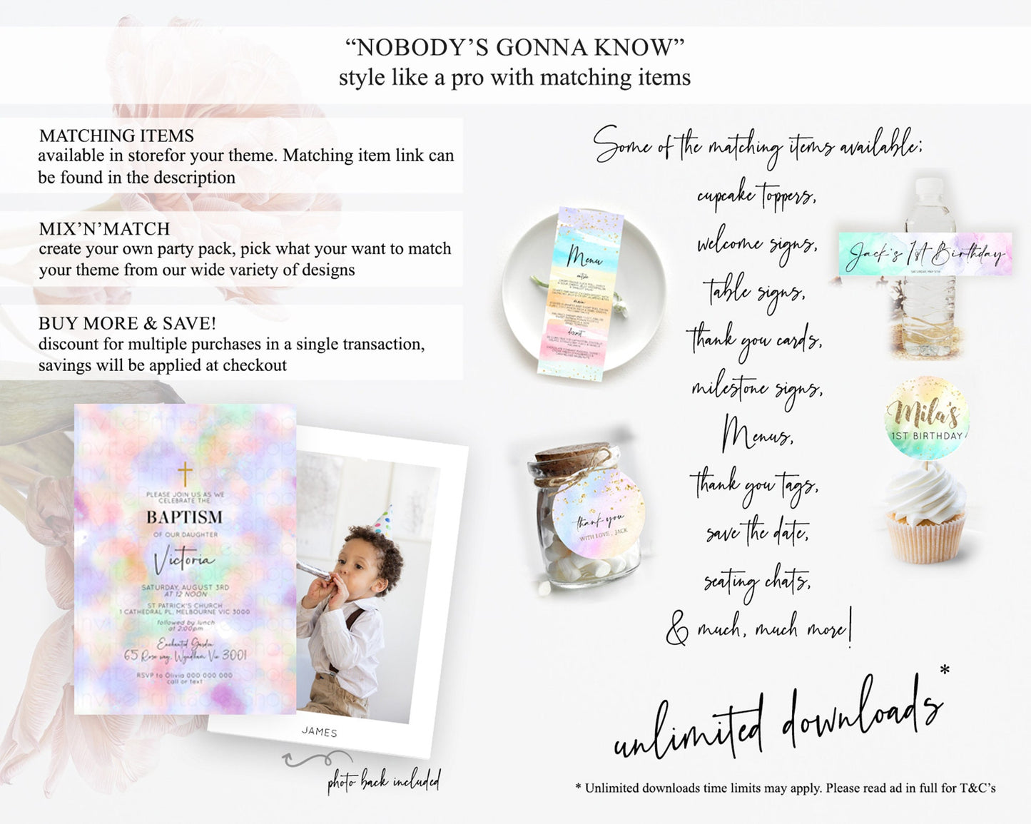 Pastel Baptism Invitation Pastel Colors Watercolor Baptism 1st Birthday Party Gold Ombre Pastel Rainbow Christening Holy Communion D10697