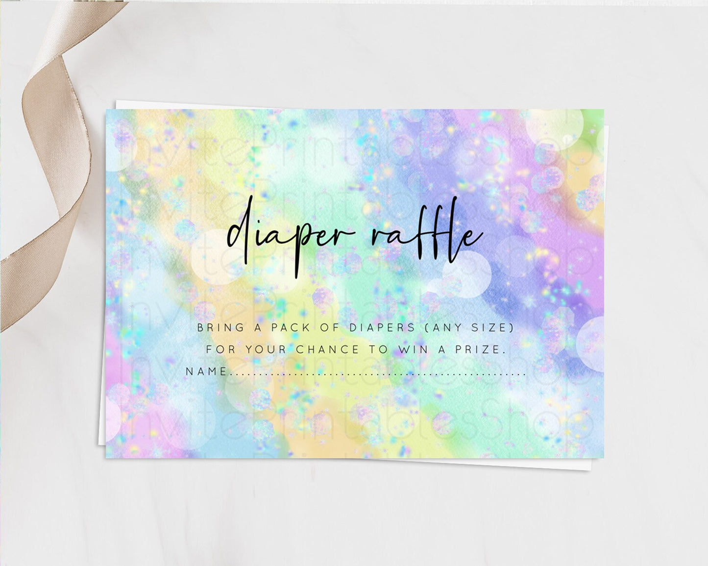 Rainbow Diaper Raffle Card Pastel Diaper Insert Colorful Pastel Watercolor Ombre Diaper Ticket Iridescent Sprinkles Raffle Game D10689