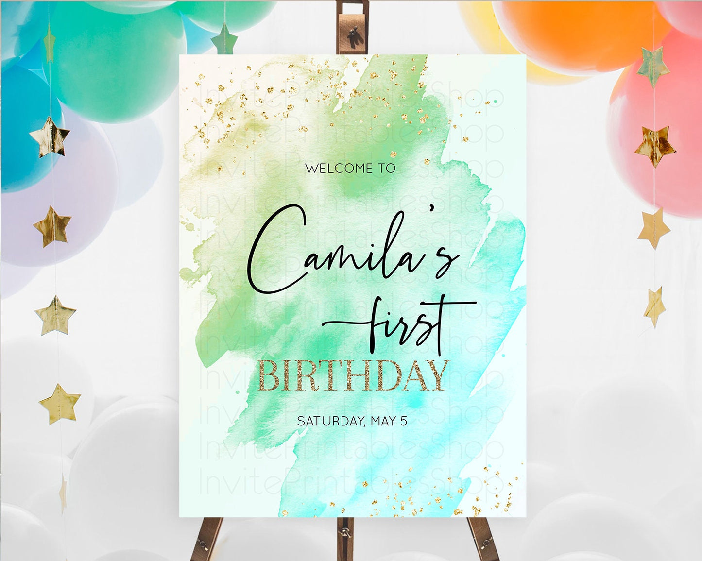 Green Welcome Sign Green Watercolor Welcome Board Pastel Green Party Décor Splash Welcome Poster First Birthday Welcome Sign D10170