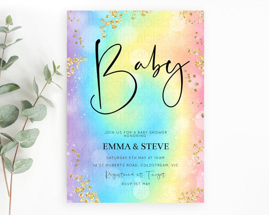 Pastel Baby Shower Invitation Rainbow Baby Shower Invitation Colorful Pastel Watercolor Invitation Gold Glitter Sprinkles Ombre D10568