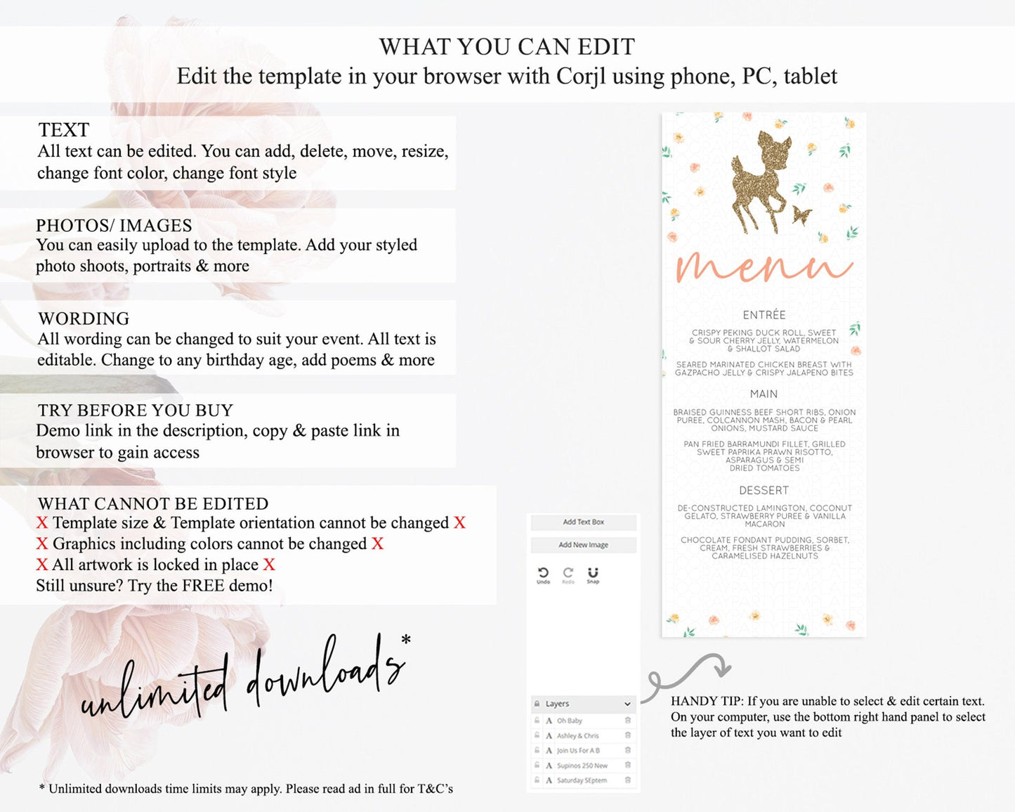 Fawn Menu Deer Menu Template Pastel Floral Deer Table Decor Enchanted Forest Butterfly Floral Dinner Dessert Menu Party Food Menu D10355