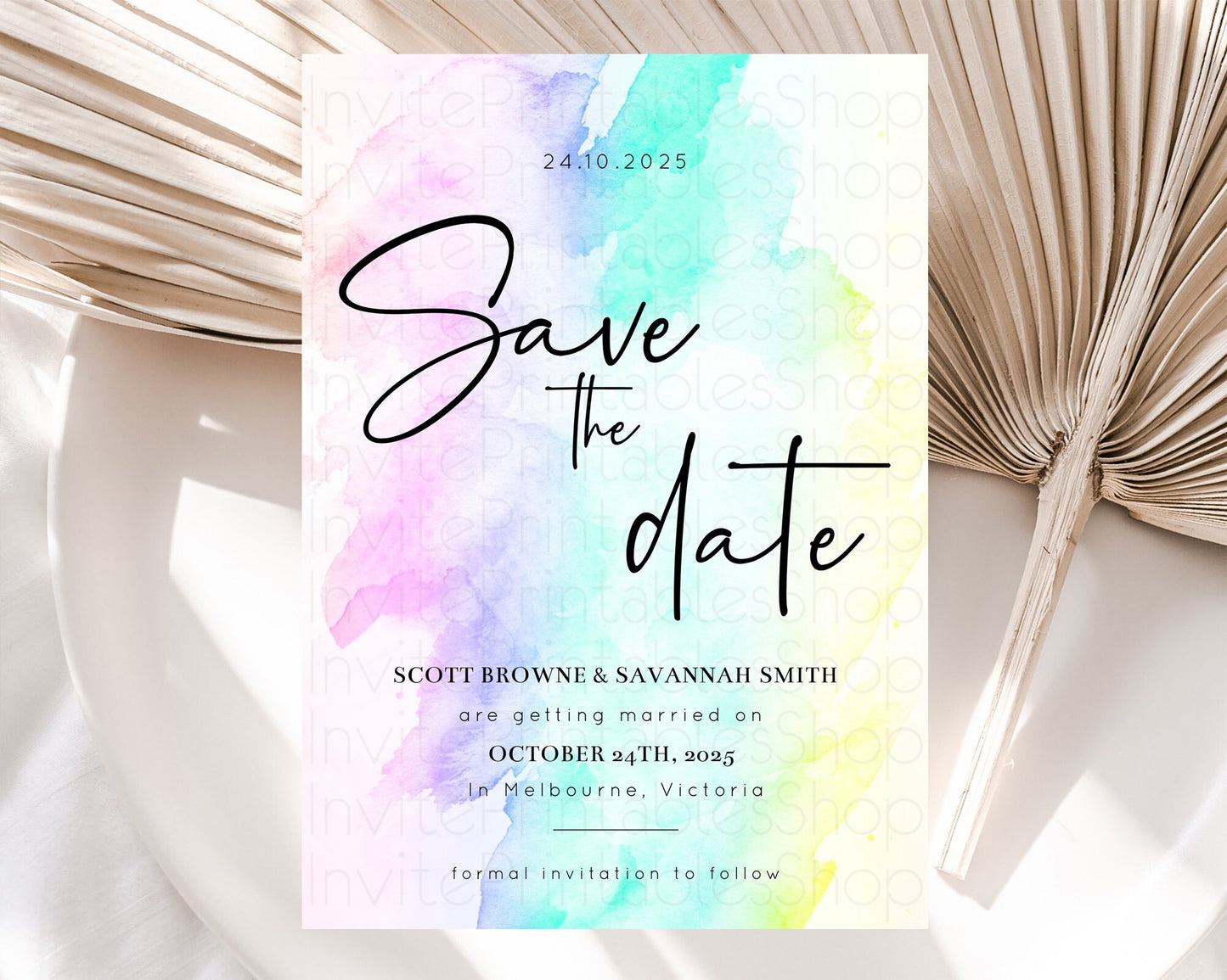 Pastel Save The Date Template Pastel Ombre Rainbow Watercolor Colorful Party For Birthday Baptism Baby Shower Wedding Bridal Shower D10231