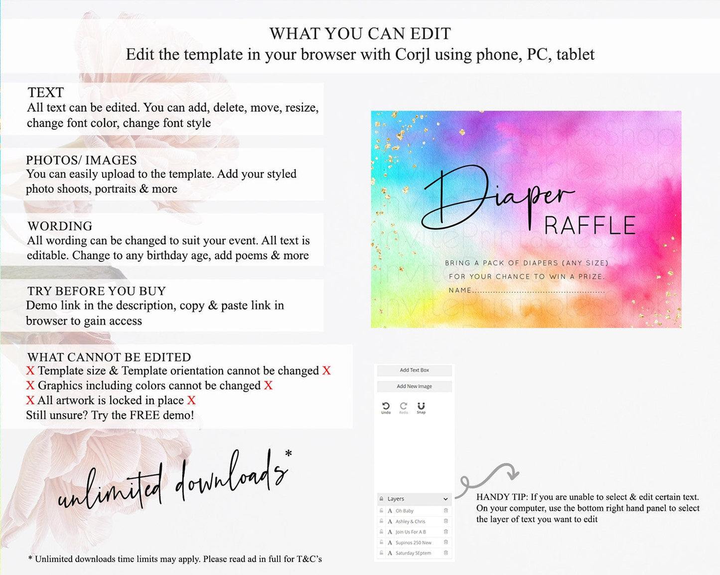 Tie Dye Diaper Raffle Card Rainbow Tie Dye Diaper Raffle Insert Pastel Rainbow Watercolor Diaper Ticket Tie Dye Colors Raffle Game D10456