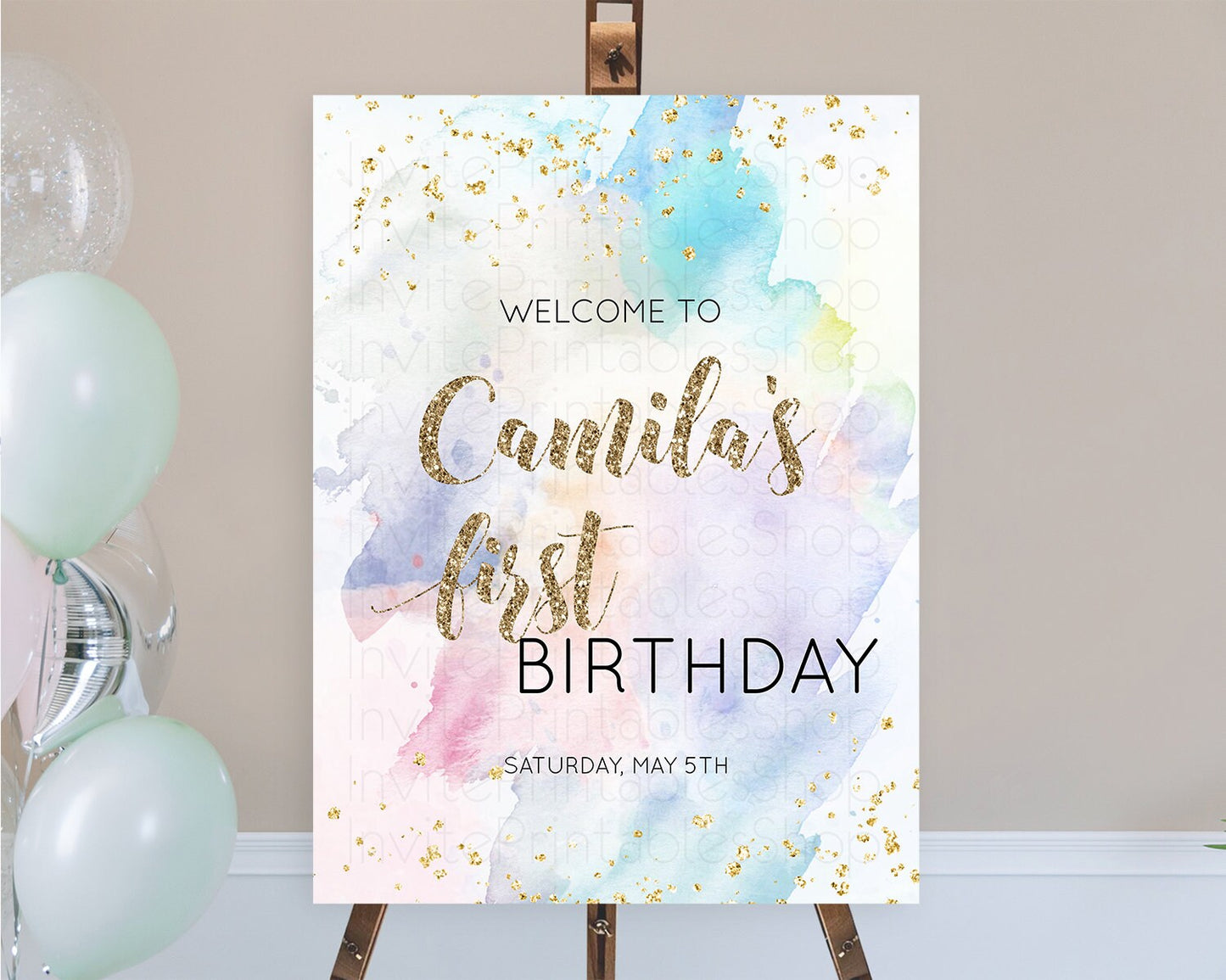 Pastel Welcome Sign Pastel Rainbow Welcome Sign Colorful Rainbow Confetti Watercolor Glitter Pastel First Birthday Welcome Sign D10421