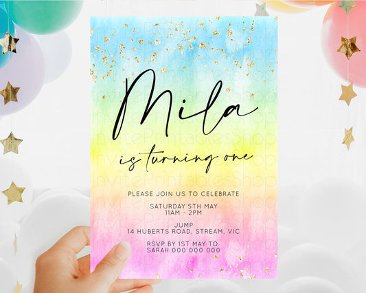Editable Rainbow Birthday Invitation Colorful Pastel Watercolor Invitation G