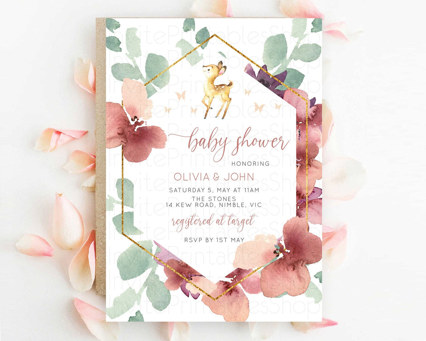 Enchanted Forest Baby Shower Invitation: Burgundy Pastel Flowers, Fawn, Deer, Butterfly, Floral Ideal for Whimsical Fall Celebration D10915