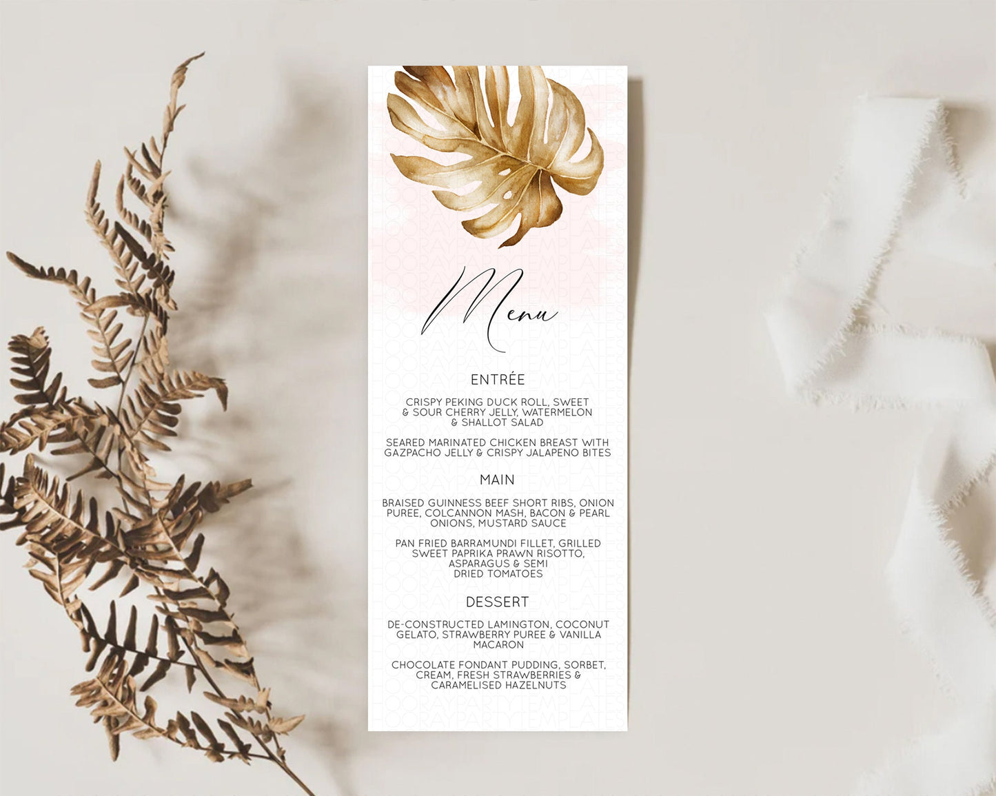 Tropical Menu Template Tropical Menu Palm Leaf Fern Table Decor Frangipani Floral White Orchid Dinner Dessert Menu Party Food Menu D11042