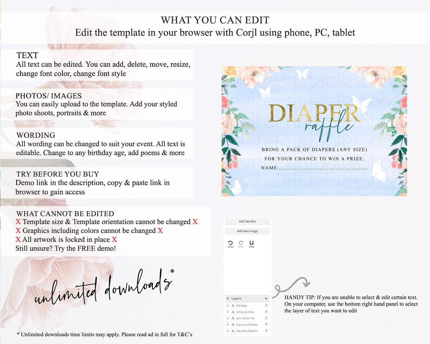 Secret Garden Diaper Raffle Card Boho Wildflower Diaper Raffle Insert Pastel Flower Garden Baby Shower Card Flower Raffle Game D10337