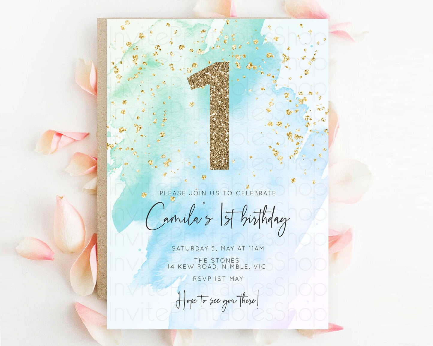 Blue Birthday Invitation Blue Watercolor Invitation Pastel Blue Watercolor Invitation Blue Splash Gold Invitation 1st First Birthday D10168