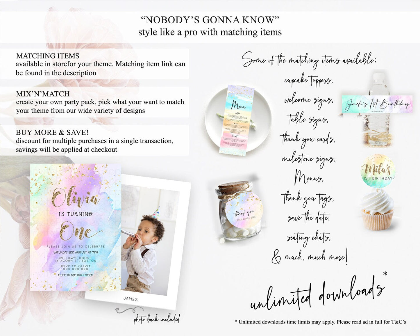 Rainbow Birthday Invitation Colorful Pastel Watercolor Invitation Gold Glitter Sprinkles Ombre Pastel 1st 2nd 3rd Birthday D23295