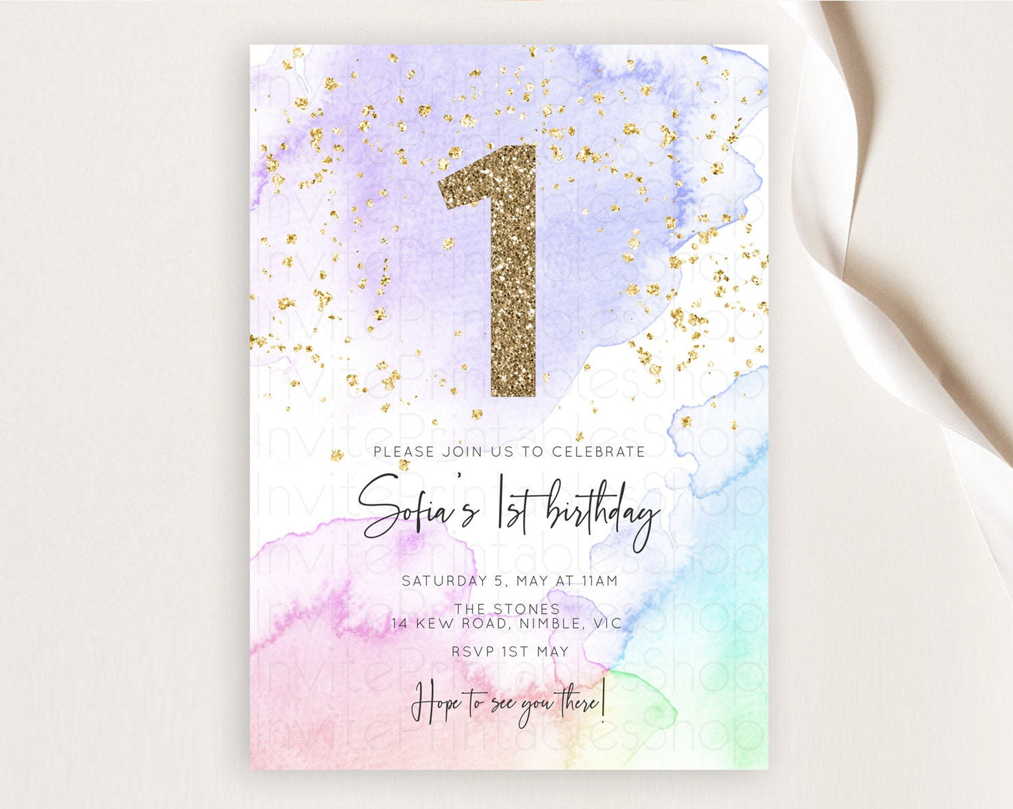 Rainbow Birthday Invitation Colorful Pastel Watercolor Invitation Gold Glitter Sprinkles Ombre Pastel 1st 2nd 3rd Birthday D10215