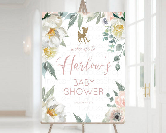 Fawn Baby Shower Welcome Sign Deer Welcome Board Floral Deer Welcome Poster Enchanted Forest Butterfly Pastel Floral Welcome Sign D10120