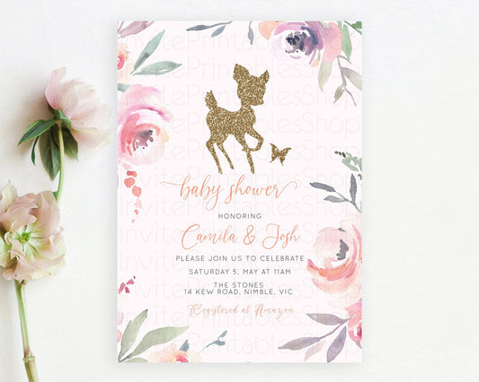 Fawn Baby Shower Invitation Deer Baby Shower Invites Enchanted Forest Theme Butterfly Pastel Flowers Whimsical Baby Shower D10196