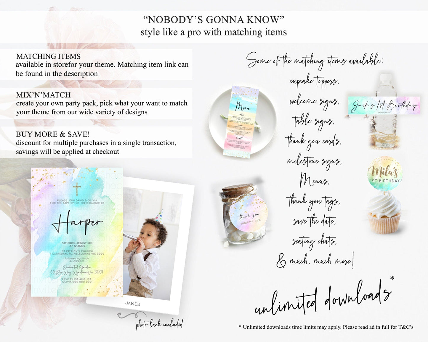 Pastel Baptism Invitation Pastel Colors Watercolor Baptism 1st Birthday Party Gold Ombre Pastel Rainbow Christening Holy Communion D10171