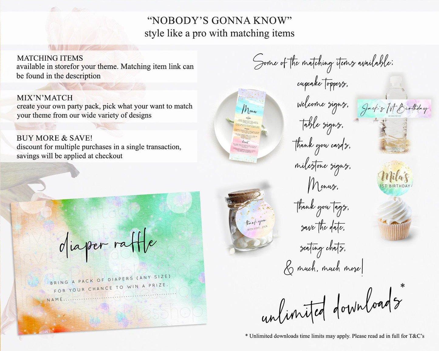 Rainbow Diaper Raffle Card Pastel Diaper Insert Colorful Pastel Watercolor Ombre Diaper Ticket Iridescent Sprinkles Raffle Game D10691