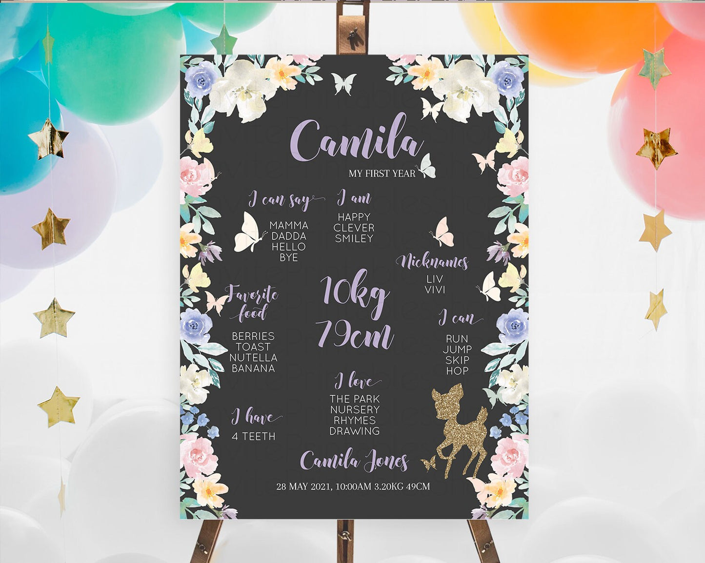 Fawn First Birthday Milestone Board Deer First Birthday Milestone Poster Enchanted Forest Butterfly Pastel Flowers 1st Birthday Sign D10880