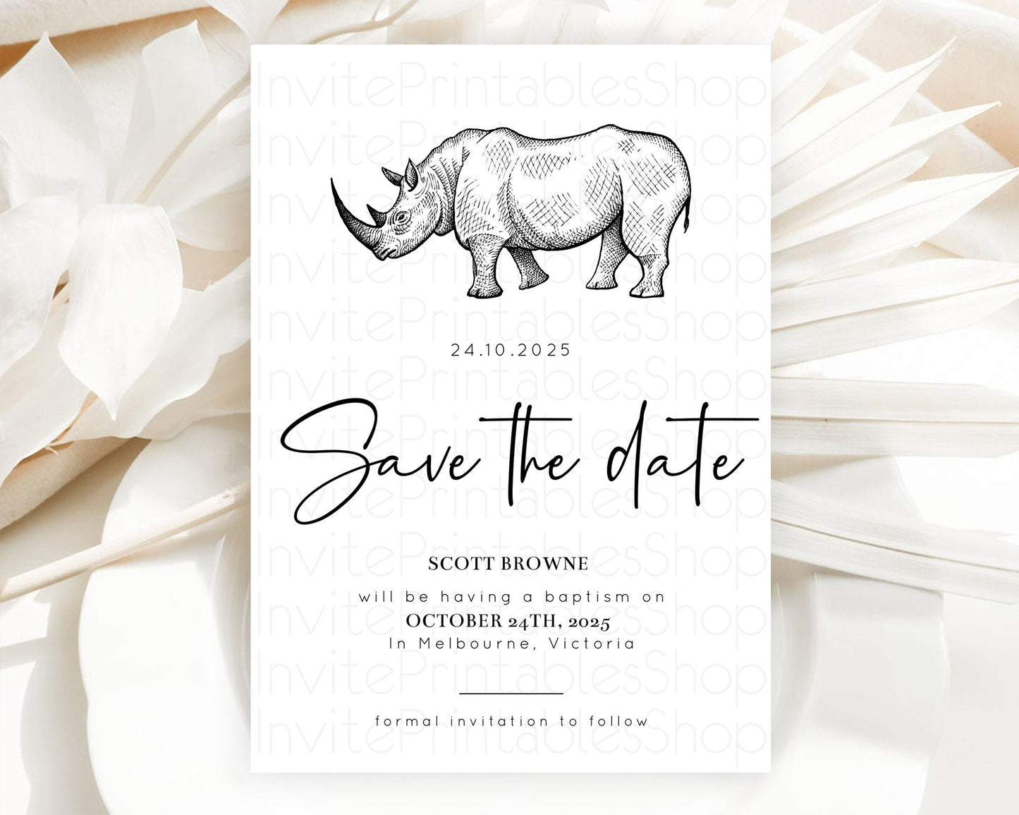 Rhino Save The Date Template Rhino Party Save The Date Safari Adventure Rhino Minimal Theme For 1st Birthday Baptism Baby Shower D10253