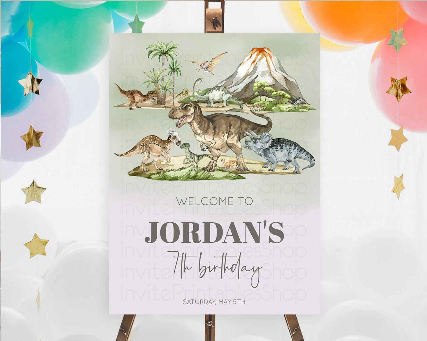 Dinosaur Welcome Sign Dinosaur Volcano Welcome Poster Dino Watercolor Volcano T-Rex Raptor Jurassic First Birthday Welcome Sign D10671