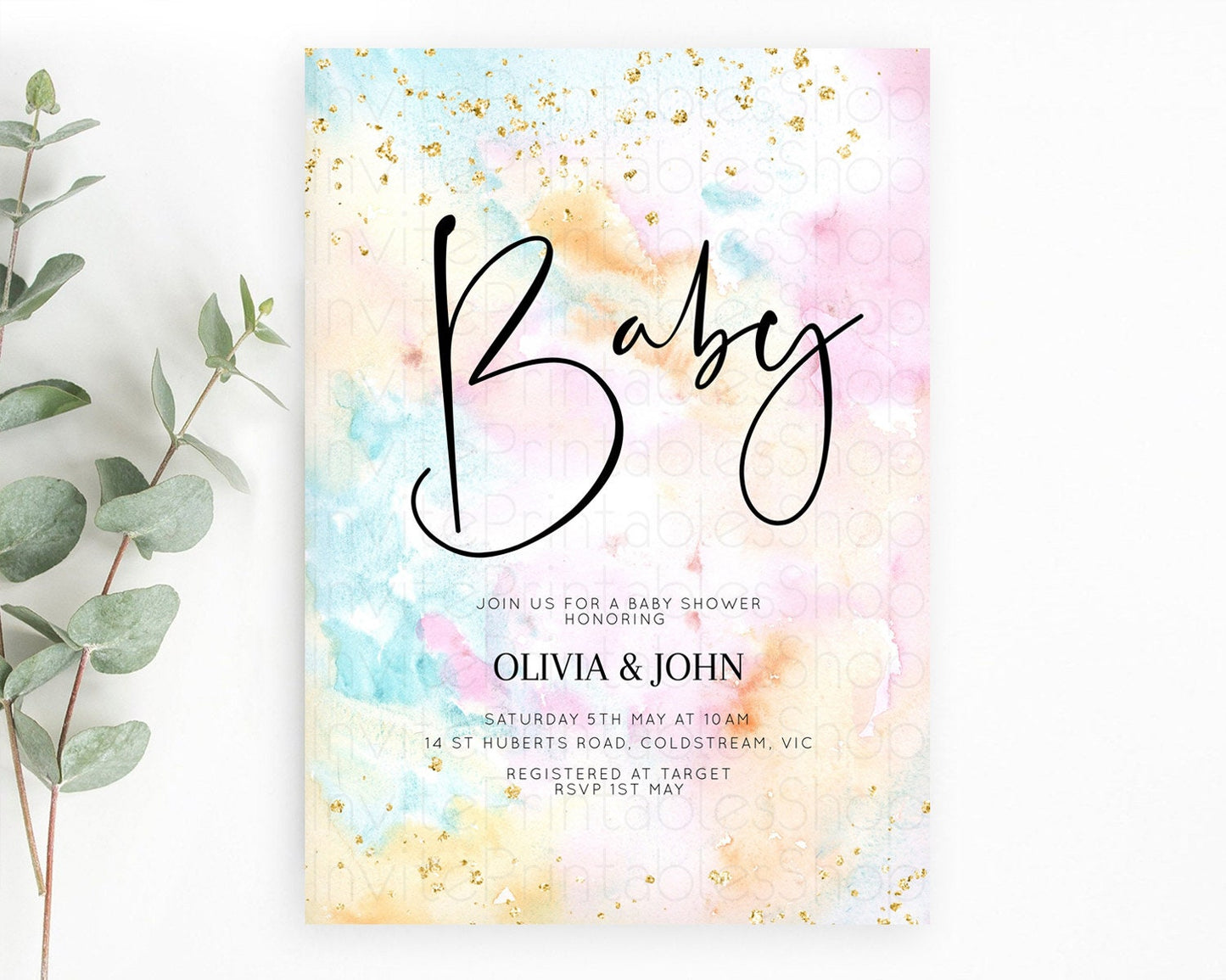 Pastel Baby Shower Invitation Rainbow Baby Shower Invitation Colorful Pastel Watercolor Invitation Gold Glitter Sprinkles Ombre D10548