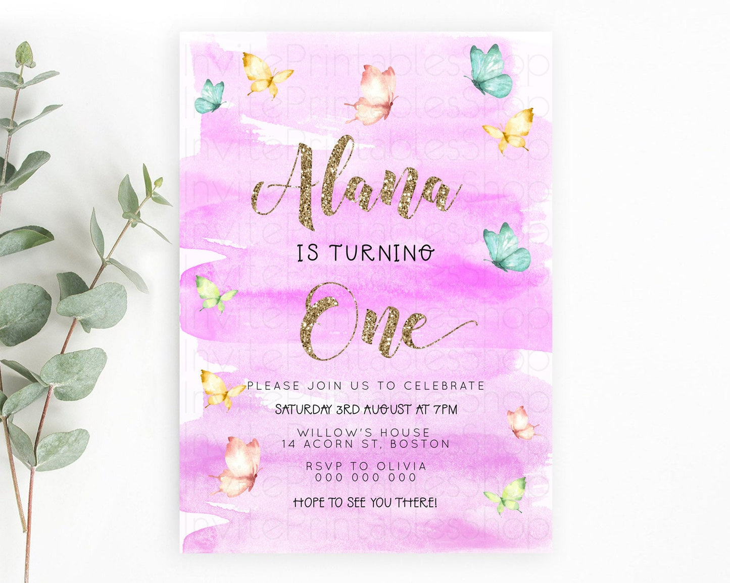 Pastel Butterfly Birthday Invitation Butterfly Birthday Invitation Colorful Splash Glitter Butterfly Garden 1st 2nd Birthday D23232