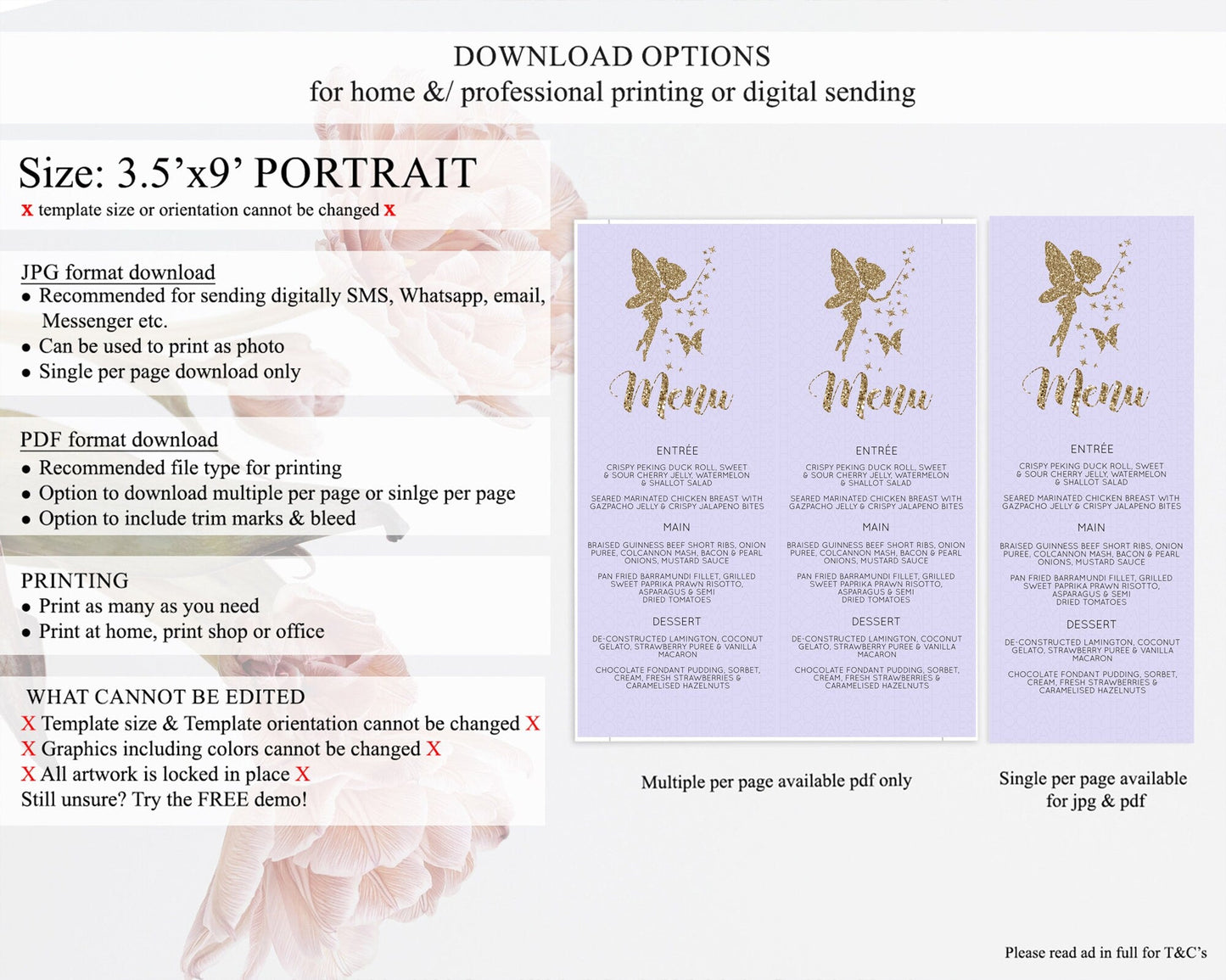 Fairy Menu Fairy Menu Template Enchanted Garden Pastel Floral Butterfly Table Decor Fairy Secret Garden Dinner Dessert Food Menu D10389