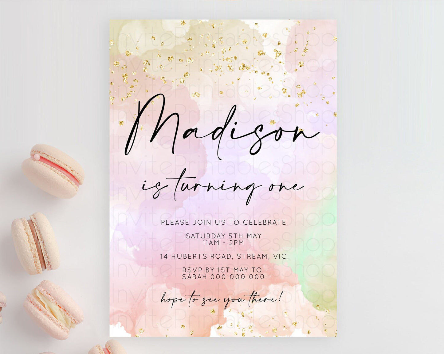 Rainbow Birthday Invitation Colorful Pastel Watercolor Invitation Gold Glitter Sprinkles Ombre Pastel 1st 2nd 3rd Birthday D10627