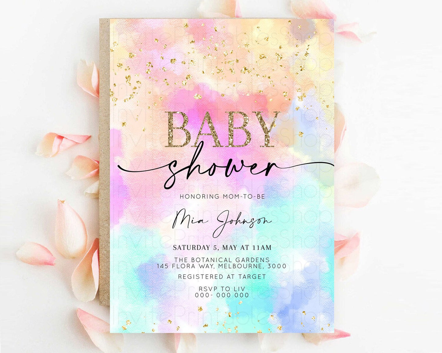 Pastel Baby Shower Invitation Rainbow Baby Shower Invitation Colorful Pastel Watercolor Invitation Gold Glitter Sprinkles Ombre D10667