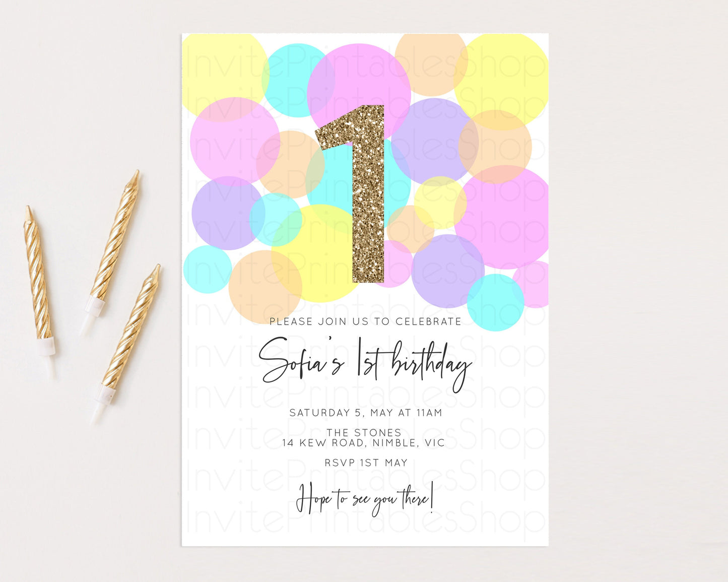 Bubbles Birthday Invitation Rainbow Confetti Invite Pastel Sprinkles Invite Pastel Colorful Art Fun Simple Birthday Invite 1st 2nd 3rd