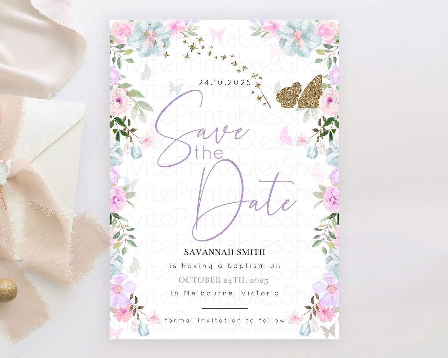 Fairy Save The Date Template Enchanted Garden Pastel Floral Butterfly Party Secret Garden Birthday Baptism Baby Shower Bridal Shower D10475