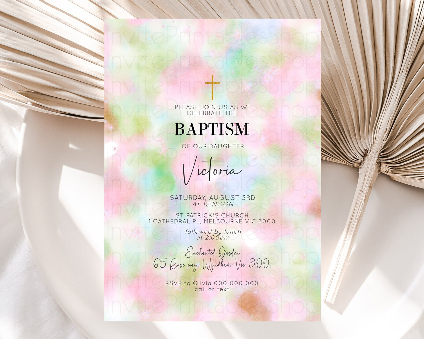 Pastel Baptism Invitation Pastel Colors Watercolor Baptism 1st Birthday Party Gold Ombre Pastel Rainbow Christening Holy Communion D10698