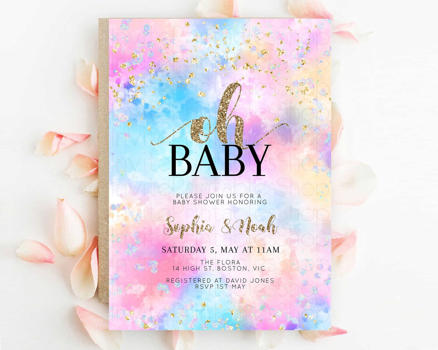 Pastel Baby Shower Invitation Rainbow Baby Shower Invitation Colorful Pastel Watercolor Invitation Gold Glitter Sprinkles Ombre D10608