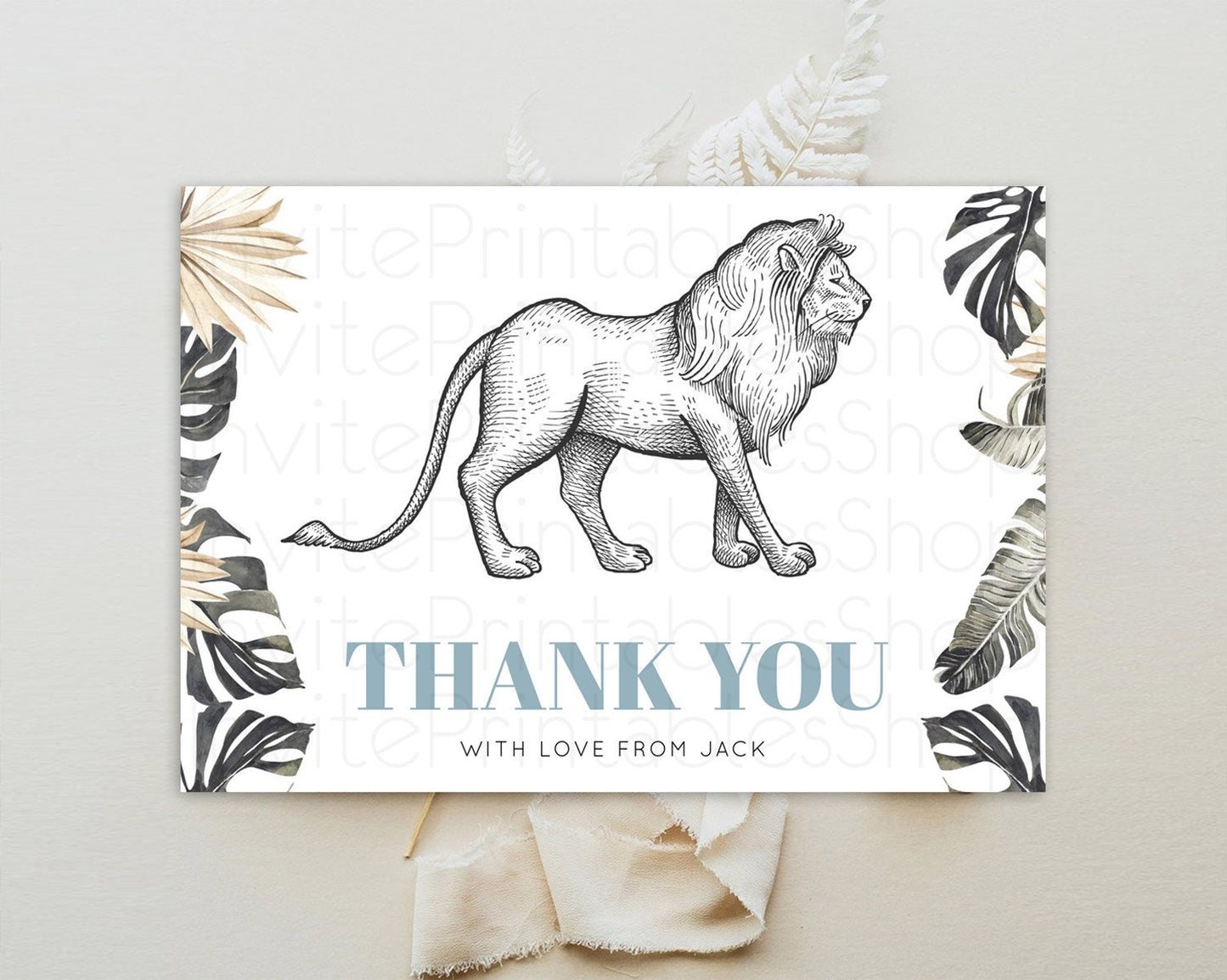 Lion Thank You Lion Thank You Card Lion Party Birthday Thank You Card Safari Lion Cards Dried Palm Fern Lion Teacher Thank You Cards D10807