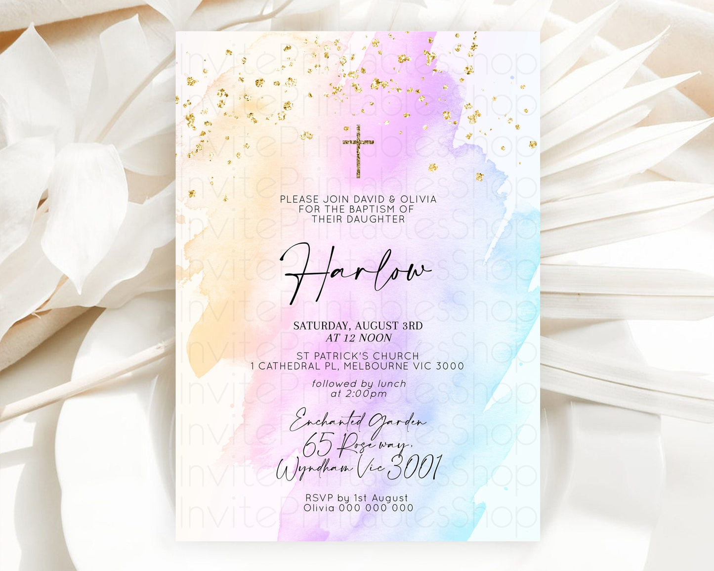 Pastel Baptism Invitation Pastel Colors Watercolor Baptism 1st Birthday Party Gold Ombre Pastel Rainbow Christening Holy Communion D10175