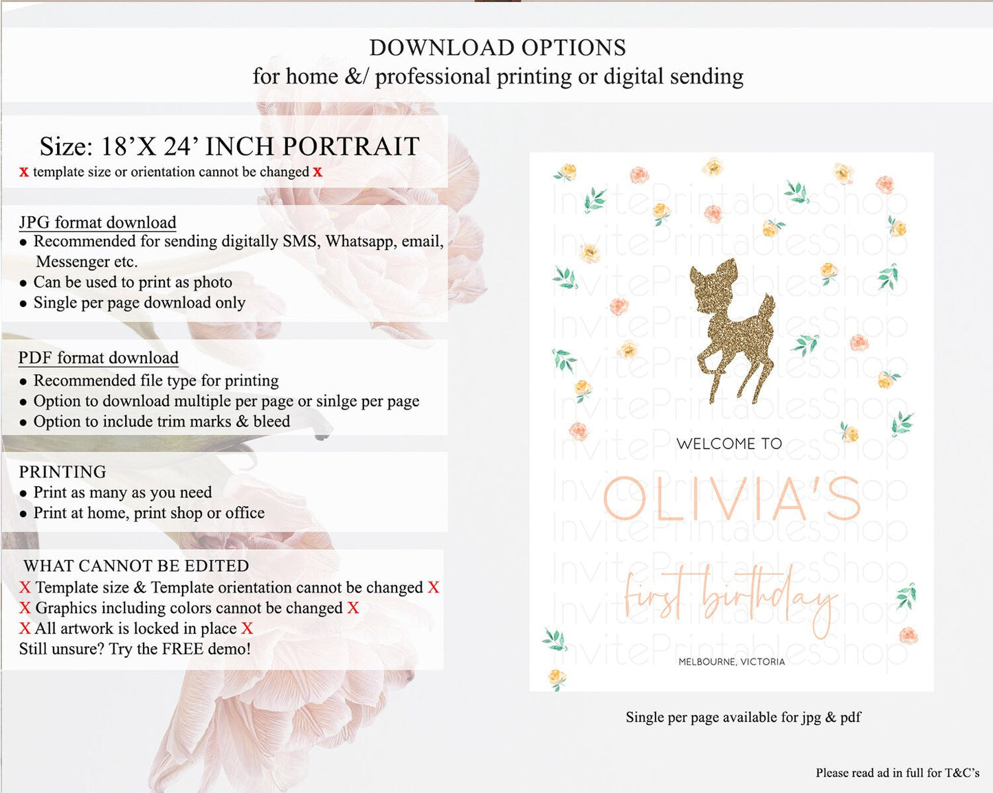 Fawn Welcome Sign Deer Welcome Board Floral Deer Welcome Poster Enchanted Forest Butterfly Pastel Floral First Birthday Welcome Sign D10355
