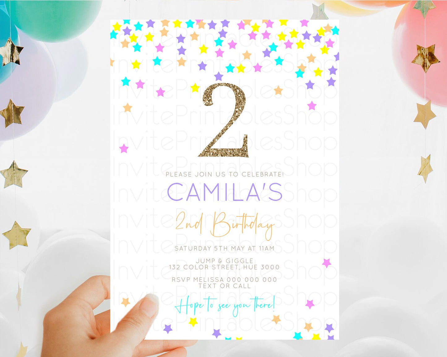 Star Birthday Invitation Pastel Stars Invite Shooting Star Party Rainbow Colorful Confetti Twinkle Little Star 2nd First Birthday D10397