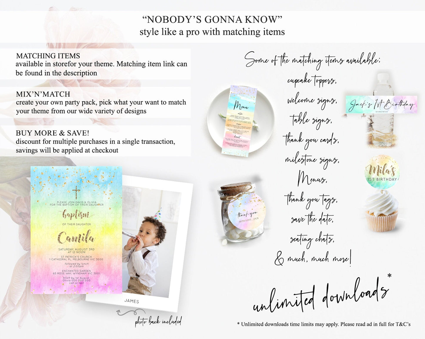 Pastel Baptism Invitation Pastel Colors Watercolor Baptism 1st Birthday Party Gold Ombre Pastel Rainbow Christening Holy Communion D10479
