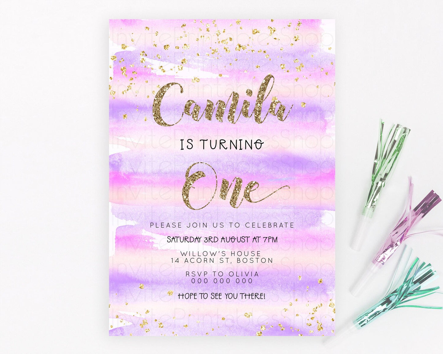 Pink Birthday Invitation pink Watercolor Invitation Pastel pink Watercolor Invitation pink Splash Gold Invitation 1st First Birthday D23266