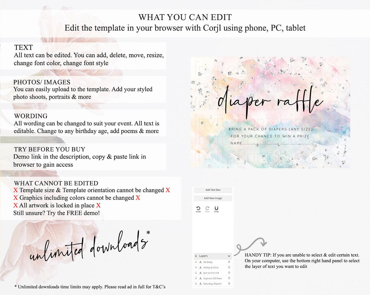 Pastel Rainbow Diaper Raffle Card Pastel Diaper Raffle Insert Pastel Colorful Diaper Ticket Confetti Watercolor Silver Raffle Game D10945