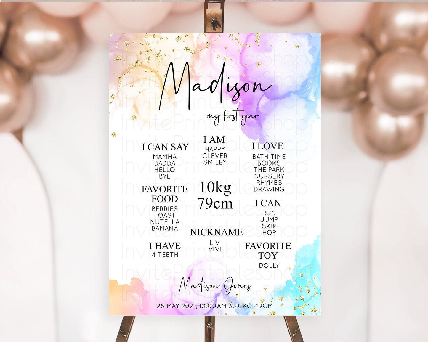 Pastel First Birthday Milestone Board Pastel Rainbow Milestone Poster Colorful Confetti Watercolor Glitter 1st Birthday Welcome Sign D10180