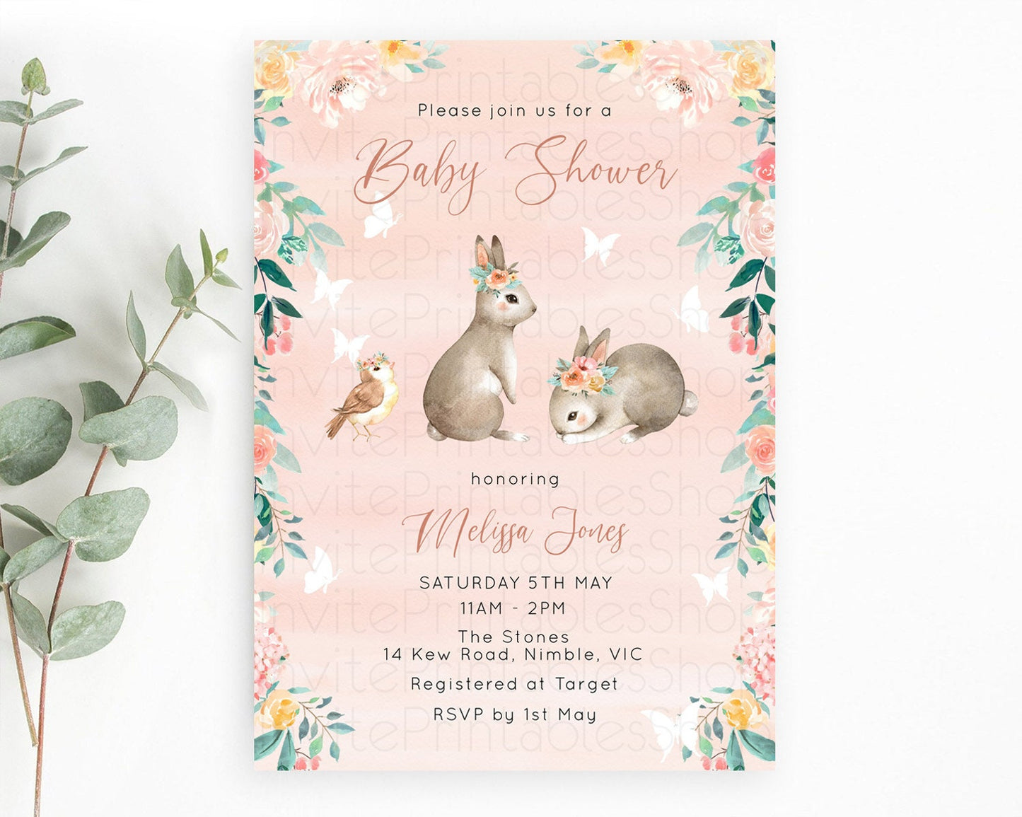 Bunny Baby Shower Invitation Enchanted Forest Invitation Secret Garden Pastel Floral Rabbit Butterfly Forest Bunny Woodland Theme D10922