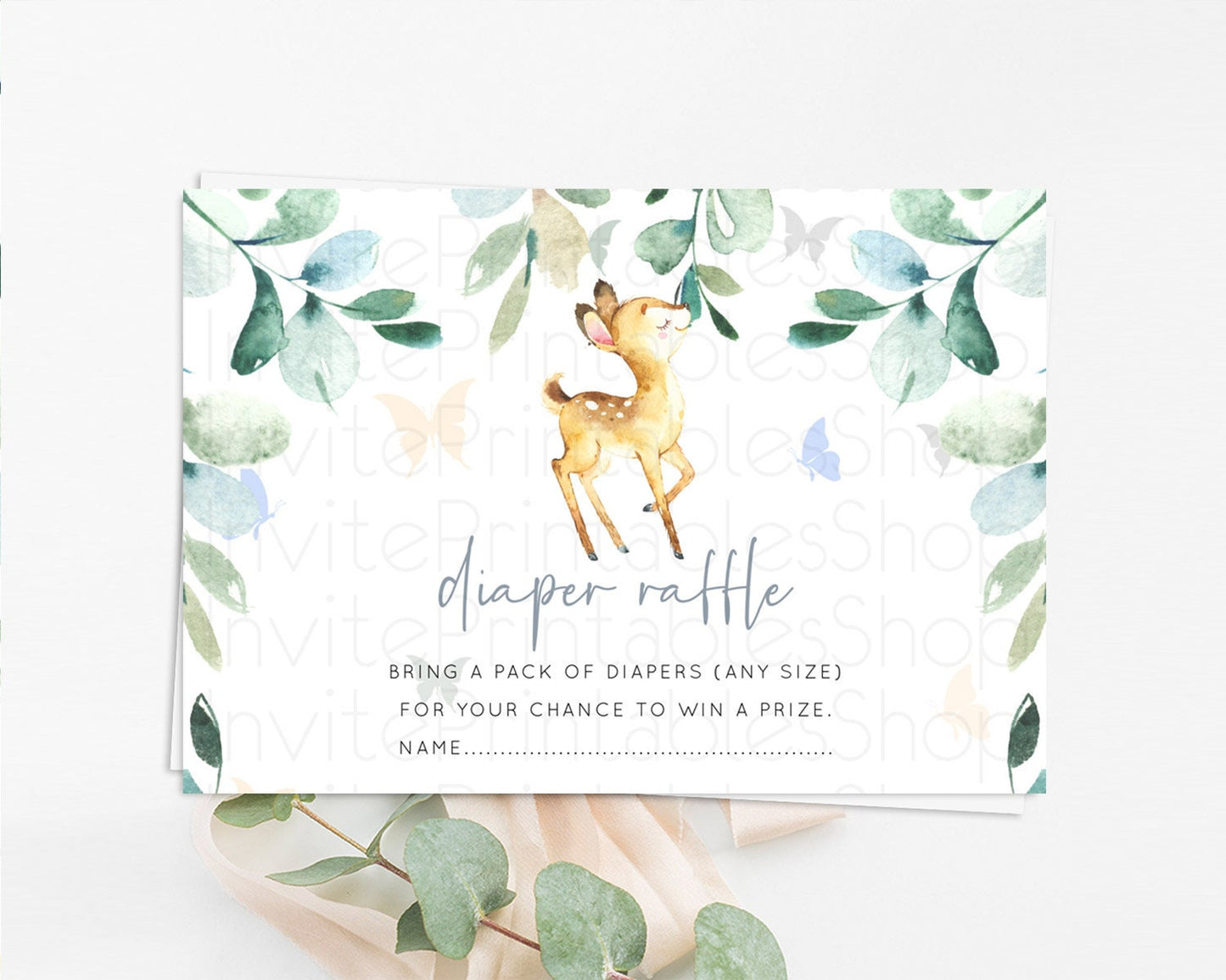 Fawn Diaper Raffle Card Deer Diaper Insert Floral Deer Diaper Ticket Enchanted Forest Butterfly Pastel Baby Shower Raffle Game D10767
