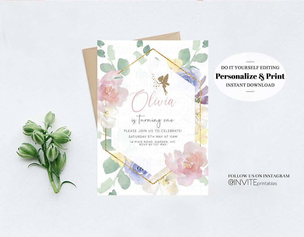 Fairy Birthday Invitation Enchanted Garden Fairytale Watercolor Glitter Floral Pastel Pink Blue Yellow Flowers Template