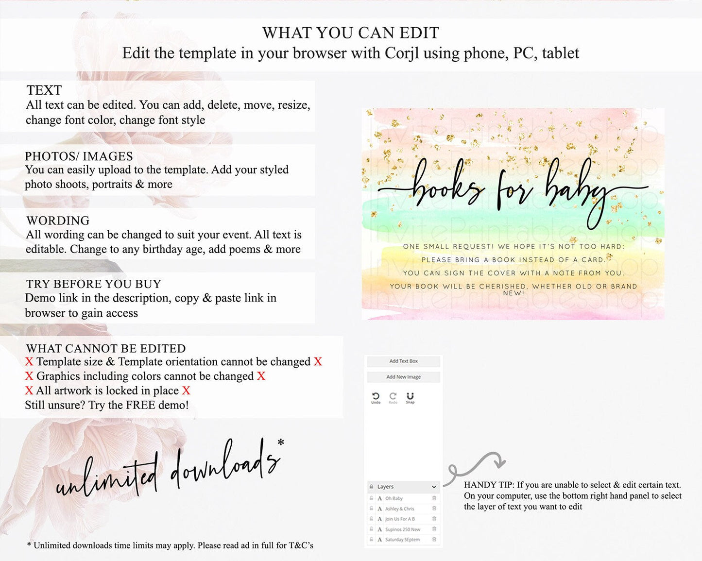 Pastel Books For Baby Card Pastel Rainbow Book Insert Colorful Ombre Watercolor Book Card Confetti Glitter Baby Book Poem Request D10591