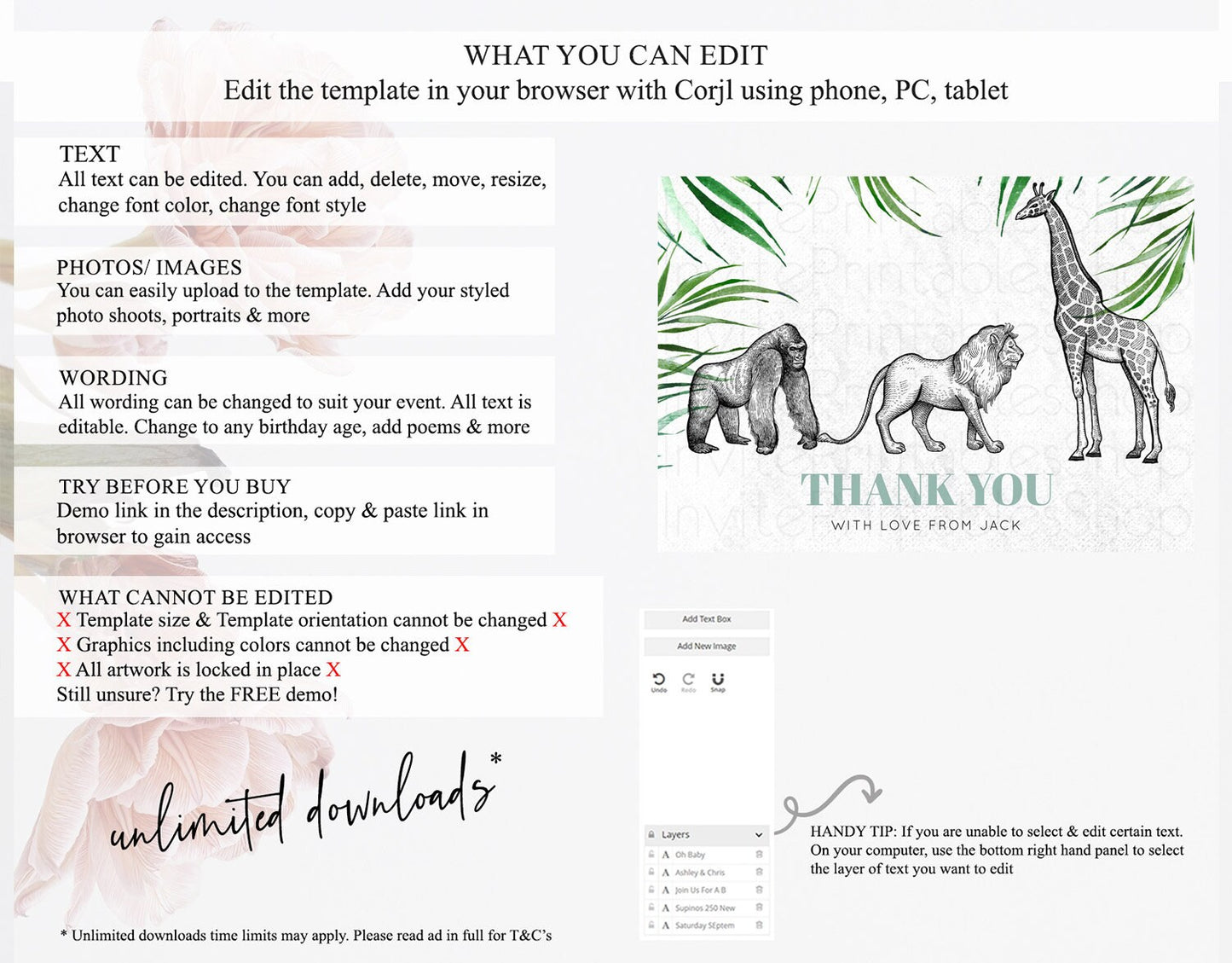 Safari Thank You Safari Thank You Cards Lion Gorilla Elephant Rhino Tropical Palm Zoo Birthday Thank You Safari Teacher Thank You D10853