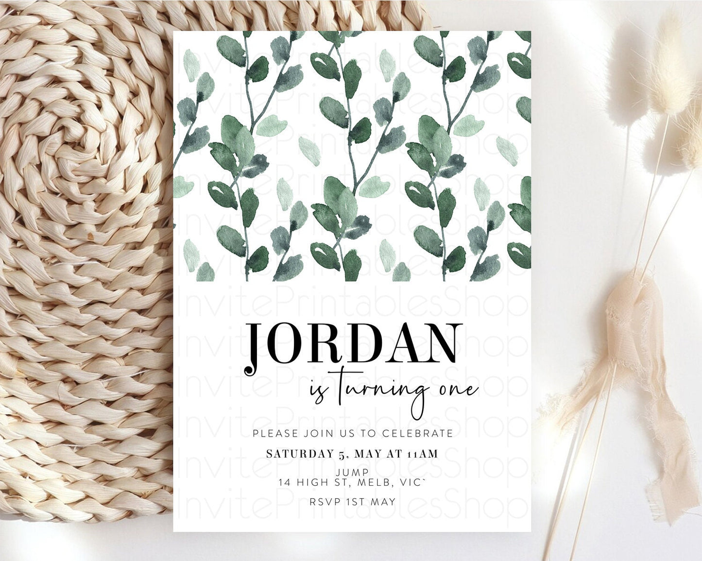 Leafy Birthday Invitation Leafy Invitation Simple Greenery Invitation Eucalyptus Fern Spray Leaves Minimal Green Leaf Watercolour D11059